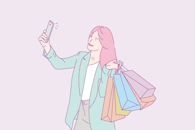 Mujer tomando selfie con bolsas de compras, ilustración del concepto