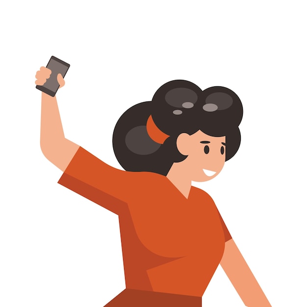 Mujer tomando un selfie con teléfono inteligente ilustración vectorial en estilo de dibujos animados planos