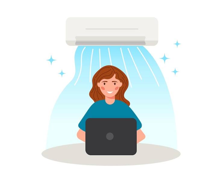 Vector mujer trabaja en una computadora en una habitación equipada con un aire acondicionado o sistema de refrigeración en días calurosos