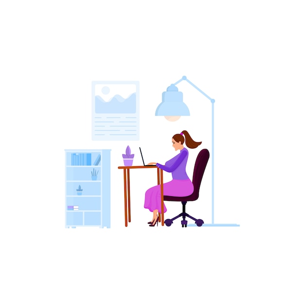 Una mujer trabaja en una computadora portátil o se comunica en las redes sociales, se sienta en una silla de oficina. objetos aislados