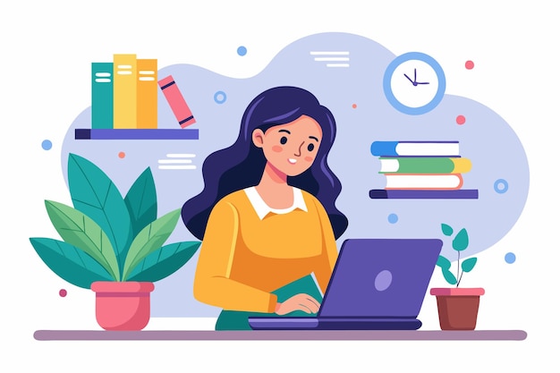 Una mujer trabaja diligentemente en su computadora portátil completando una asignación en un cómodo espacio de estudio lleno de plantas Mujer usando la computadora portatil para la asignación ilustración plana