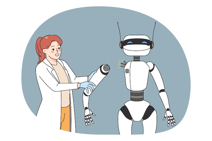 Vector mujer trabaja con robot ai en la oficina