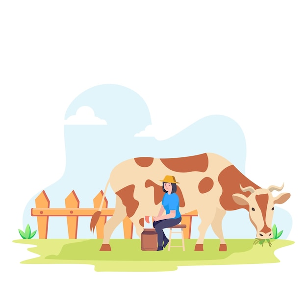 Mujer trabajadora agrícola ordeñando una vaca con un cubo lleno de leche Ilustración plana vectorial