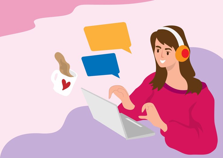 Vector mujer trabajadora chateando con sus amigos en línea listo para beber una gran taza de café mientras trabaja en una computadora portátil en la oficina vector de ilustración de dibujos animados de estilo plano