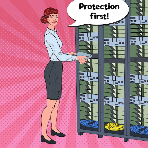 Mujer trabajando con centro de datos de hardware
