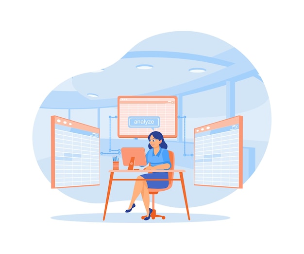 Mujer trabajando en una computadora en la oficina Trabajadores crean análisis e informes con hojas de cálculo en computadoras Análisis de datos Concepto Ilustración vectorial plana