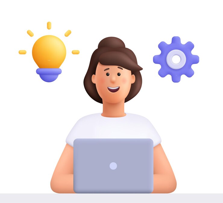 Vector mujer trabajando en la computadora portátil con bombilla y engranaje de rueda dentada personaje de gente vectorial 3d