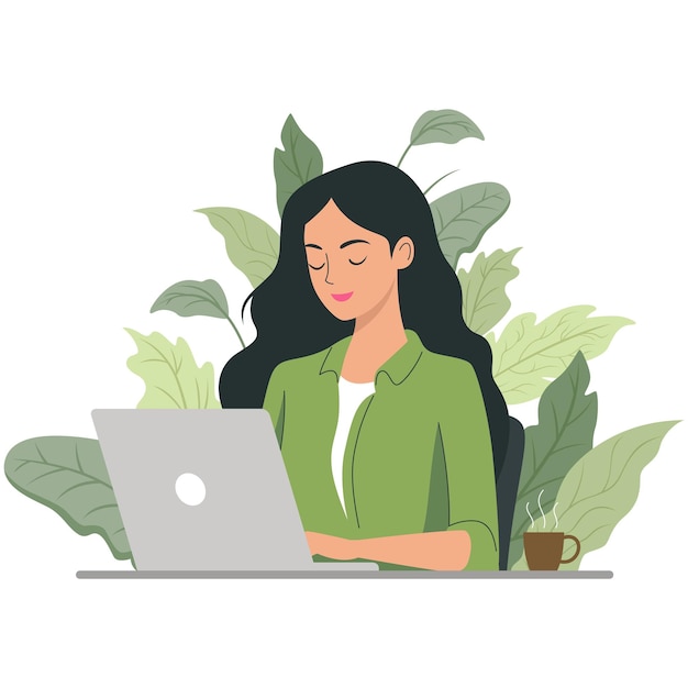 Mujer trabajando en una computadora portátil con café y plantas