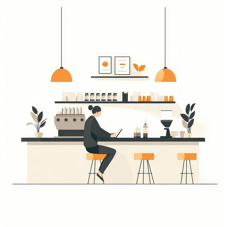 Mujer trabajando en una computadora portátil en una cafetería