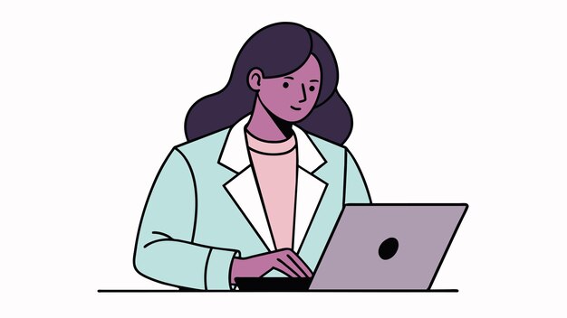 una mujer trabajando en una computadora portátil con una camisa azul