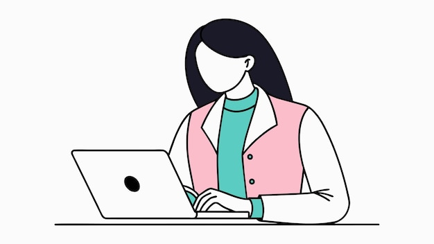 una mujer trabajando en una computadora portátil con una chaqueta rosa