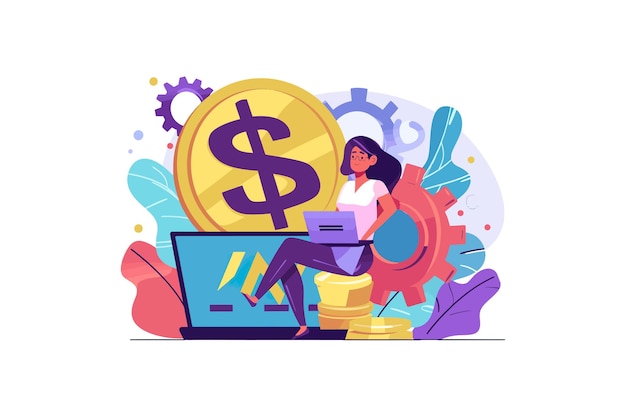 Mujer trabajando en una computadora portátil con diseño de ilustración vectorial de monedas de dólar