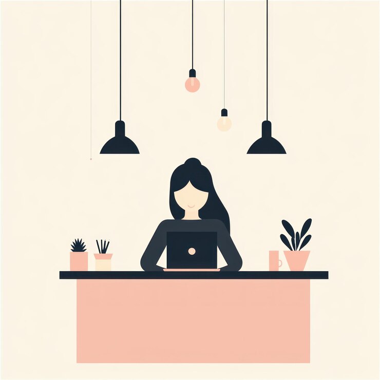Mujer trabajando en una computadora portátil en un escritorio con plantas y luces