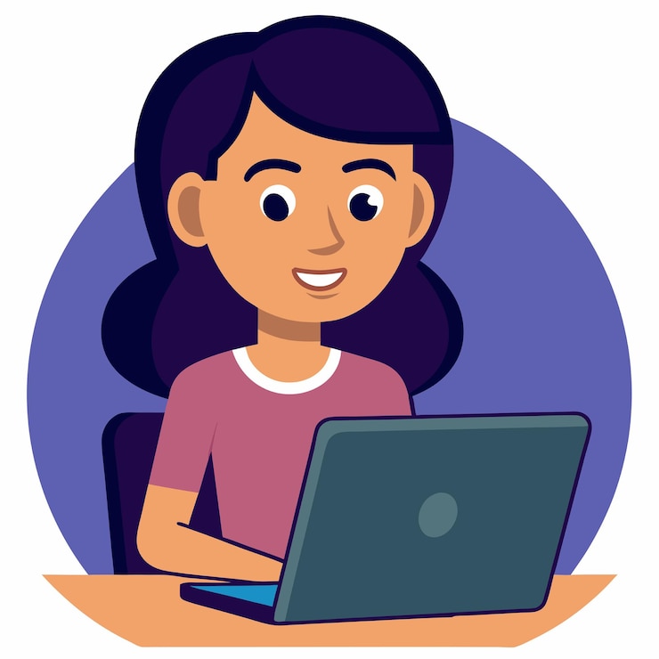 Vector mujer trabajando en una computadora portátil ilustrando a un personaje de dibujos animados desde casa