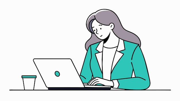 una mujer trabajando en una computadora portátil con un logotipo verde en la pantalla