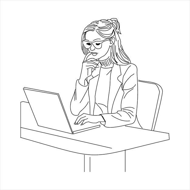 Mujer trabajando en una computadora portátil pensando y analizando en su escritorio