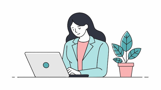 una mujer trabajando en una computadora portátil con una planta al fondo