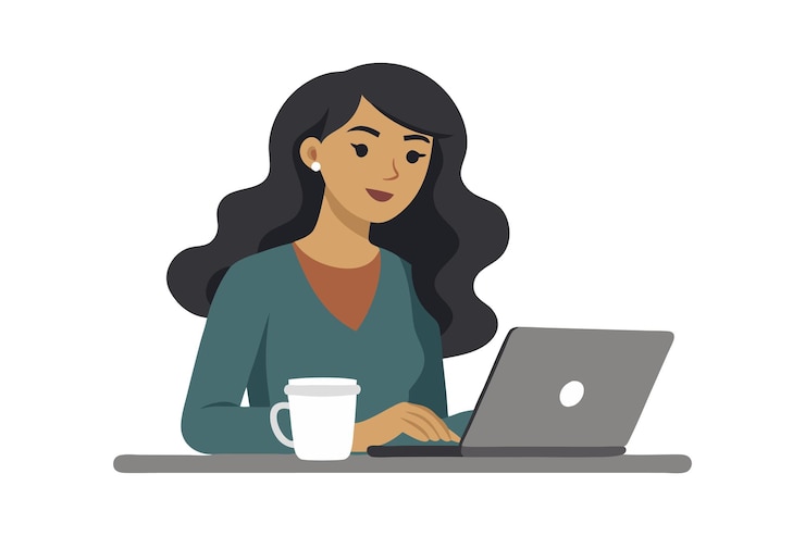 Vector mujer trabajando en una computadora portátil con una taza de café enfocada y comprometida en un entorno agradable