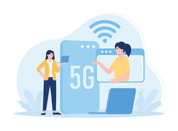 una mujer trabajando en un concepto de red wifi ilustración plana