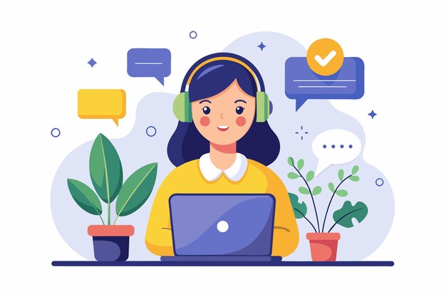 Mujer trabajando en el escritorio con portátil y auriculares servicio en línea o chat de soporte al cliente Ilustración vectorial plana simple y minimalista