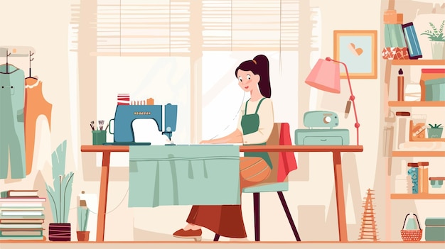 una mujer trabajando en una máquina de coser en una habitación