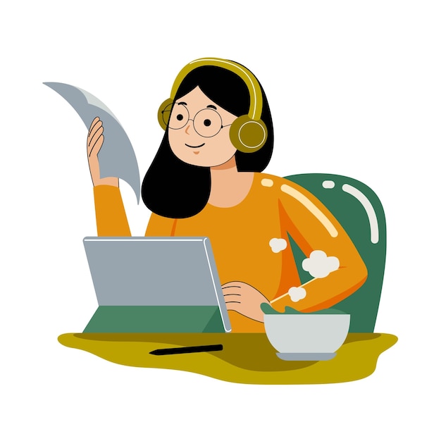 Mujer trabajando con tableta gráfica en estilo de diseño plano