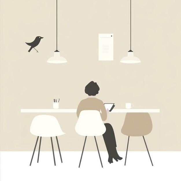 Mujer trabajando en una tableta en una mesa minimalista