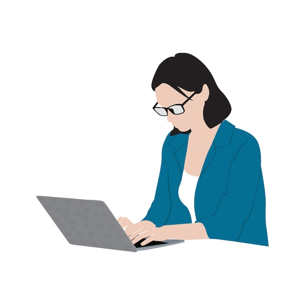 mujer, trabajo encendido, computador portatil, vector