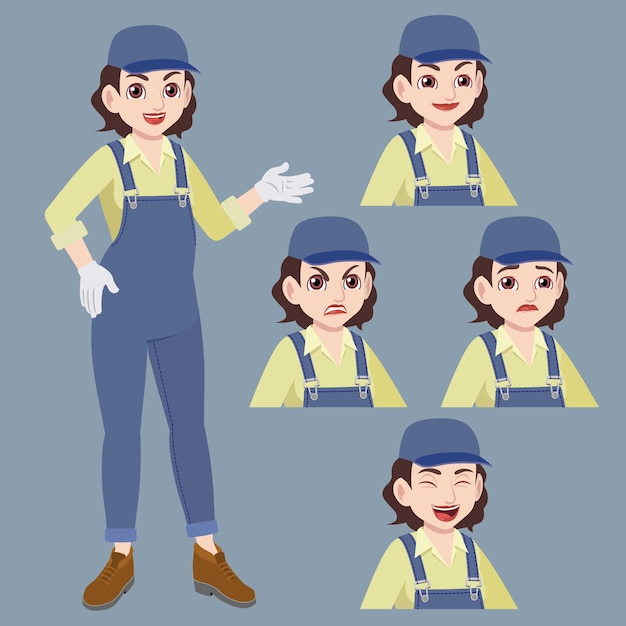 mujer de trabajo en jumpsuit con gorra está de pie agitando la mano en guantes con un conjunto de expresión facial