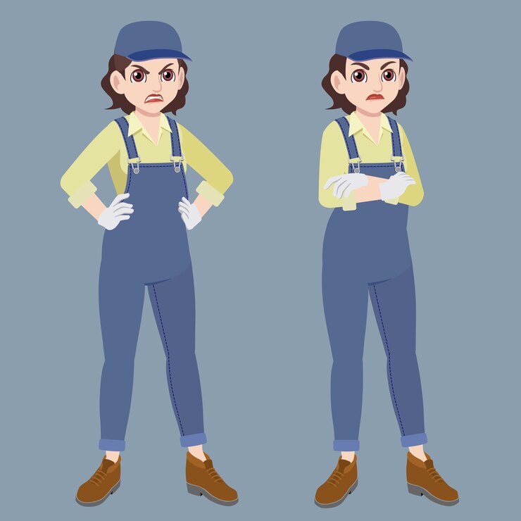 mujer de trabajo con mono y sombrero azul de pie enojada e infeliz