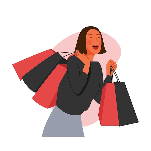 Vector la mujer trae muchas bolsas de compras.