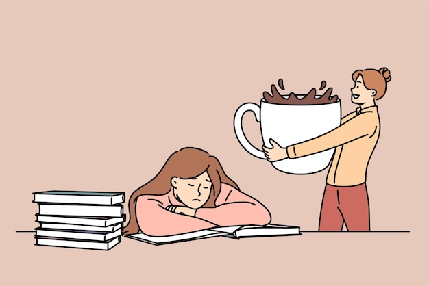 La mujer trae mucho café a la estudiante cansada sentada en la mesa con libros para prepararse para los exámenes