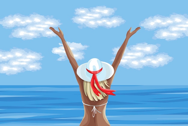Mujer en traje de baño disfrutando del verano y mirando al mar