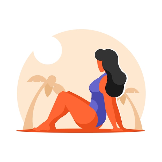 mujer, en, traje de baño, sentado, en la playa, vector, ilustración, en, plano, estilo
