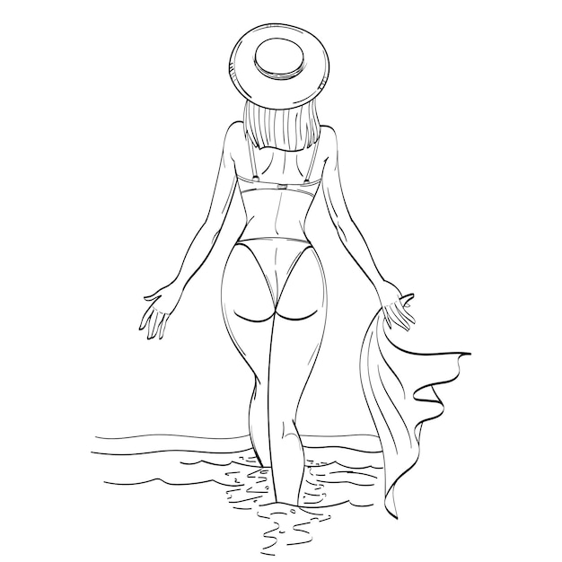 Mujer en traje de baño y sombrero de playa Ella sostiene un pareo en la mano Camine a lo largo de la costa en agua de mar Dibujo a mano esquema Vista posterior Aislado sobre fondo blanco Ilustración vectorial