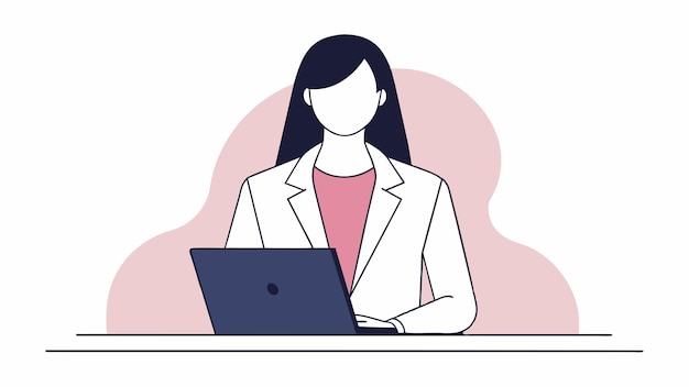 una mujer en un traje blanco está trabajando en una computadora portátil