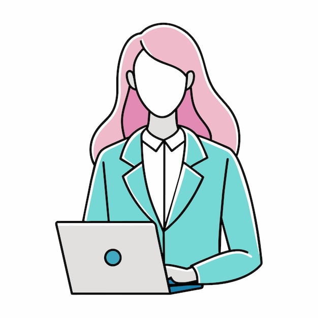 una mujer en un traje con una computadora portátil y una cara dibujada en ella