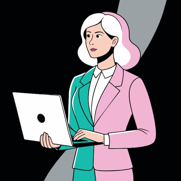 una mujer en un traje con una computadora portátil en su regazo