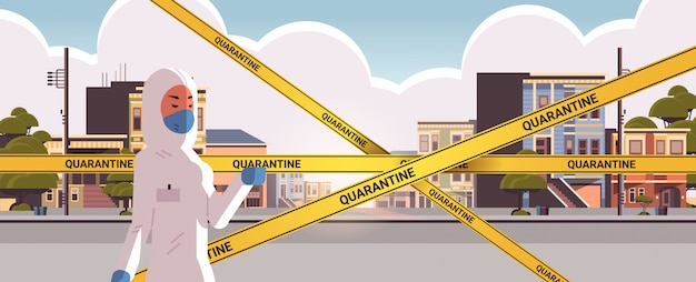 Vector mujer en traje de materiales peligrosos epidemia mers-cov cuarentena precaución en cinta amarilla de advertencia sobre la ciudad vacía infección por coronavirus calle wuhan 2019-ncov pandemia concepto de riesgo para la salud retrato horizontal