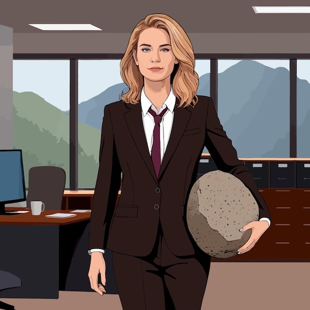 Mujer en traje de negocios llevando una roca que significa gran responsabilidad y carga clipart vector