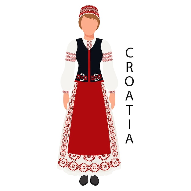 Mujer con traje popular croata y tocado de cabeza Cultura y tradiciones de Croacia Ilustración