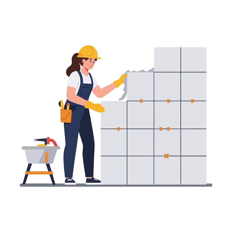 Vector una mujer en traje de trabajo aplicando los toques finales a una pared de bloques apilados en arte vectorial plano