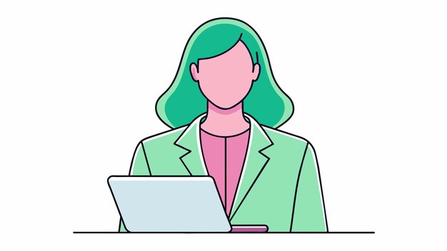 una mujer en un traje verde está usando una computadora portátil