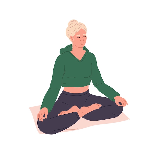 Mujer tranquila durante la meditación pacífica y la práctica de yoga Mujer en postura de loto zen asana Persona en retiro meditando con las piernas cruzadas Ilustración vectorial plana aislada en fondo blanco