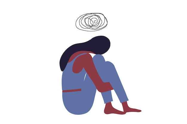 Mujer triste y deprimida abrazando su rodilla sentada en la ventana desdichada y estresada depresión psicológica