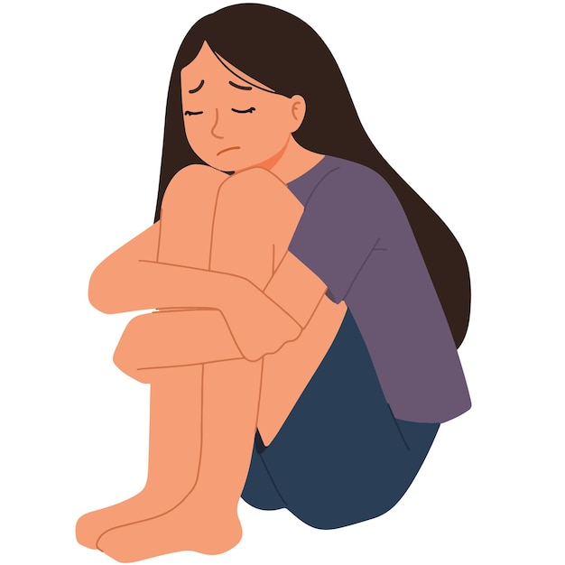 Mujer triste y deprimida abrazó su ilustración de rodillas