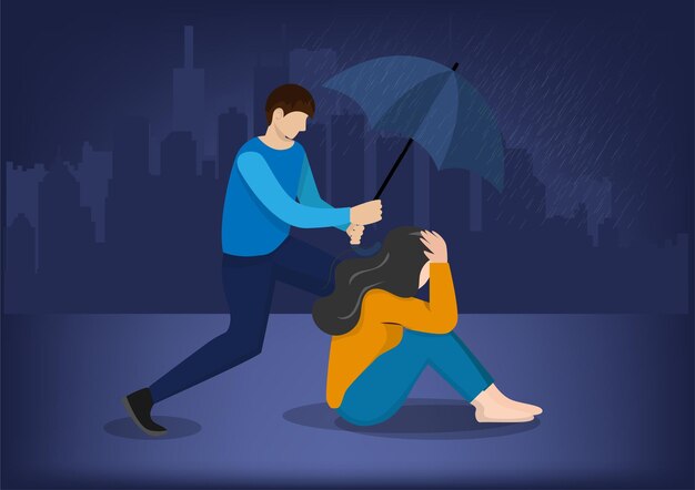 Una mujer triste y deprimida sosteniendo sus rodillas sentada al aire libre Infeliz y estresada Pero aún tiene amigos para cuidar de Psicología concepto salud mental depresión estrés vector ilustración