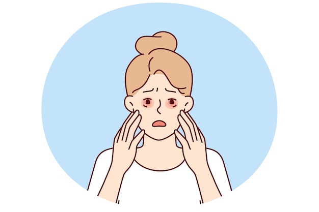 Mujer triste con ojos rojos secos debido a irritación o reacción alérgica causada por alimentos