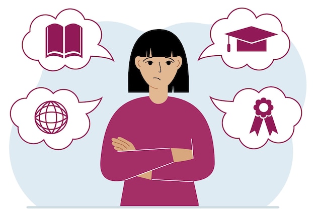Mujer triste con pensamientos sobre el aprendizaje. Profesión en Internet, educación superior, bolsa de valores, conocimientos financieros. Varios iconos sobre educación. Ilustración vectorial plana