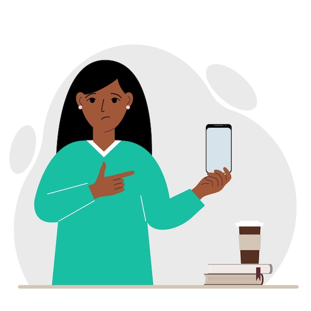 Una mujer triste sostiene un teléfono móvil en una mano y lo señala con el dedo índice de la otra mano. Ilustración vectorial plana